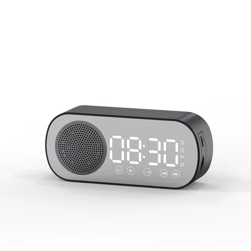 1 Piece Digital Alarm Clock with Bluetooth Speaker, Mirror Display and Adjustable Night Light for Bedrooms and Bedside Use, Black