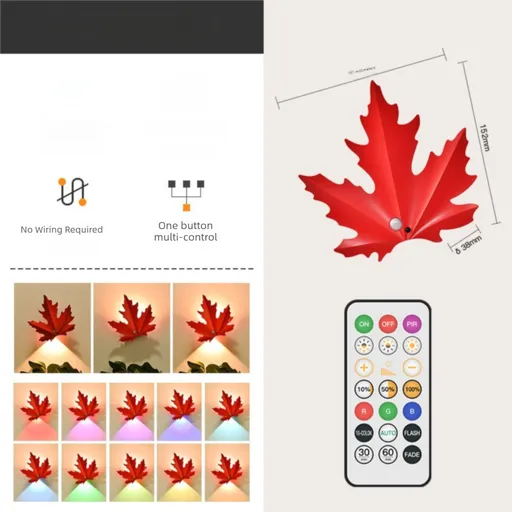 2 Pcs Maple Leaf Smart LED Night Light – Battery-Powered Motion Sensor with Remote Control & Color Changing