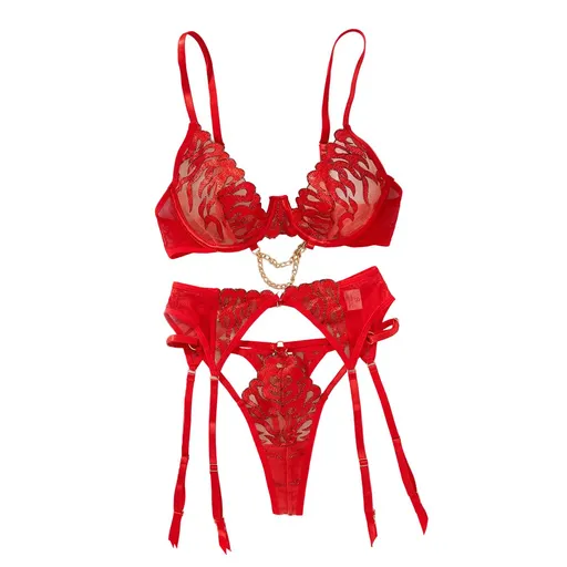 Flame Embroidered Sexy Chain Bra Hollow Ribbon Wedding Fun Underwear 3 Piece Set - Red - L