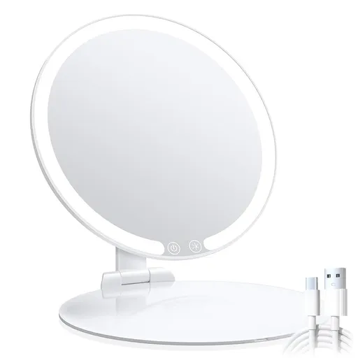 Travel Makeup Mirror with Light, 8" Portable Folding Make Up Tabletop Mirror with LEDs 3 Colors Light Modes Rechargable