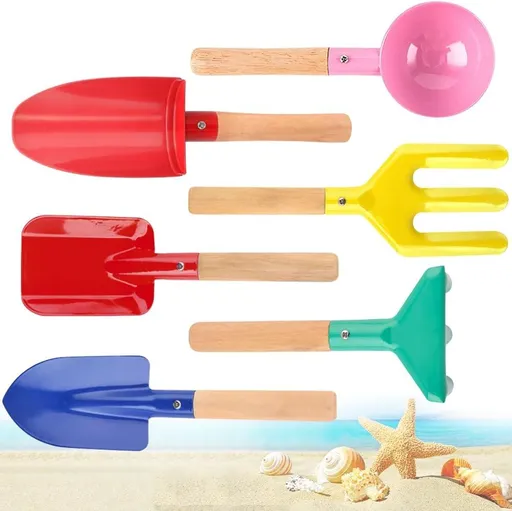 6 Pack Metal Beach Sand Toys for Kids, Wooden-Handled Shovel, Rake, Trowel and Scoop Set for Beach, Garden and Snow Play, Multicolour, 20 cm