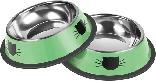Cat Bowls Non-Slip Stainless Steel Small Cat Food Bowls Unbreakable Thicken Cat Feeder 7 Oz Cat Dishes Suitable for Indoor Small Pets Removable Rubber Base Easily Clean Lovely Color Green