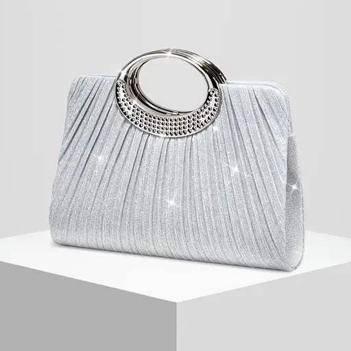 【Pleated Sparkle Evening Bag】​ Metal Ring Handle, Magnetic Snap Closure, Horizontal Square Polyester Clutch, Essential Elegant Accessory for Weddings & Parties./silver