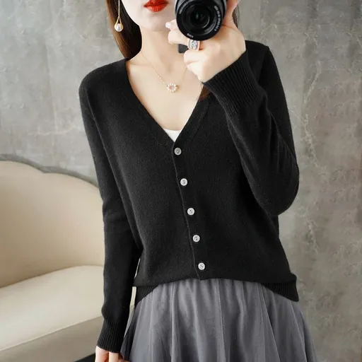Women V Neck Knitted Cardigan Long Sleeve Sweater Black Size: S; Height (cm): 155-160; Weight (kg): 45-50; Bust (cm): 82-86; Waist (cm): 66-70; Shoulder width (cm): 37; Length (cm): 58