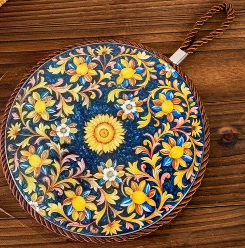 4-Pack - Chinese Retro Ceramic Trivet, Heat-Resistant, Non-Scratch Coaster with Cork Base, 17cm Round Table Mats - Sunflower Pattern