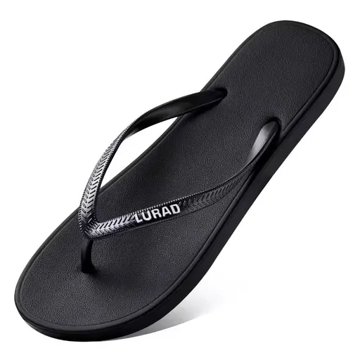 Black EVA Flip Flops - 25 cm Insole, Lightweight Flat Thongs with Textured Footbed and Wear Resistant Sole, Summer Beach Sandals for Women and Casual Outdoor Wear