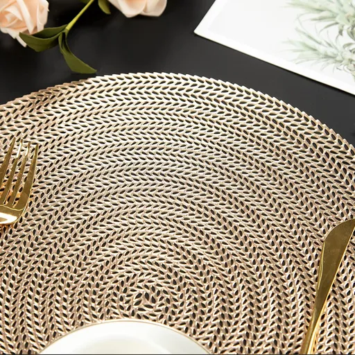 Round Placemats Set of 6, 15 Inch Vinyl Placemats Hollow Out Washable and Wipeable Gold Circle Place Mats Dining Table Mats