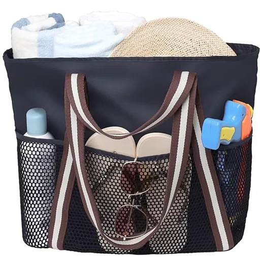 Waterproof Beach Bag for Women with Zipper, Sand-Resistant Design, Shoulder Strap, Perfect for Beach and Travel, Black