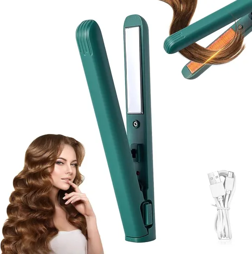 Mini 2-in-1 Curling Iron & Straightener - Dual Function - Portable Travel Curler - Small Hair Straightener - New Mini Curler - USB Interface, Plug-and-Play - Travel Curler and Straightener for All Hair Types - Travel Size - Green