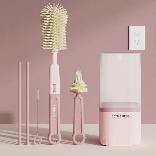 6-in-1 Portable Silicone Bottle Brush Set with Drying Storage Box, All-Purpose Cleaner for Baby Bottles, Nipples, and Straw Cups—Pink