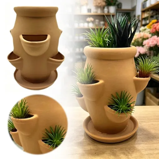 Multi Pocket Terracotta Vertical Tower green foliageer With Matching Drain Tray, Space Saving Succulent Herb Growing Pot Matching Flowerpots With Dish Ceramic Decor Sets