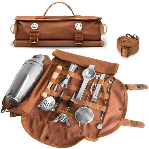 Bartender Bag (Without Tools) - Stylish, Canvas, Roll Up Traveling Bar Bag for Carrying Bar Tools and Cocktail Shaker Set with Shoulder Strap - Portable Travel Bartending