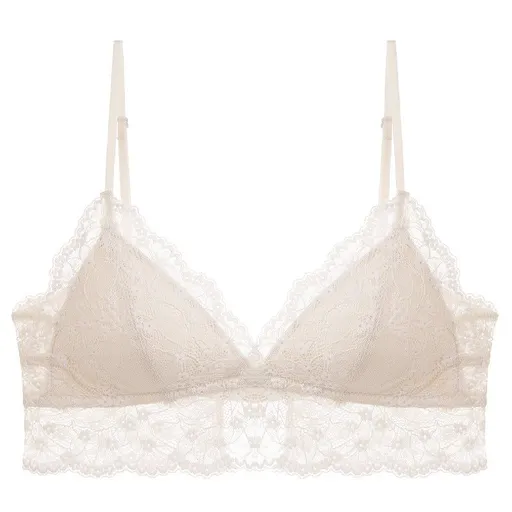 Sexy Lace Bra Set For Women French Style Thin Strap Backless Triangle Cup Wireless - Apricot Top - S