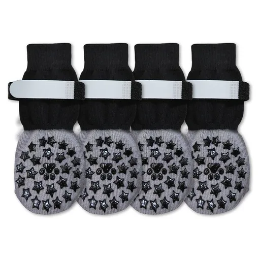 Anti-Slip Dog Socks with Adjustable Velcro, Non-Slip Grip Paw Protector for Indoor Floors & Outdoor Walks, Soft Breathable Pet Booties with Reflective Strips for Small Medium Large Dogs & Senior Pets - Black-Gray2 - Size XL