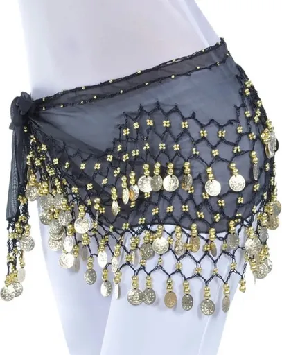 150cm Belly Dance Hip Scarf with Gold Coins,Black