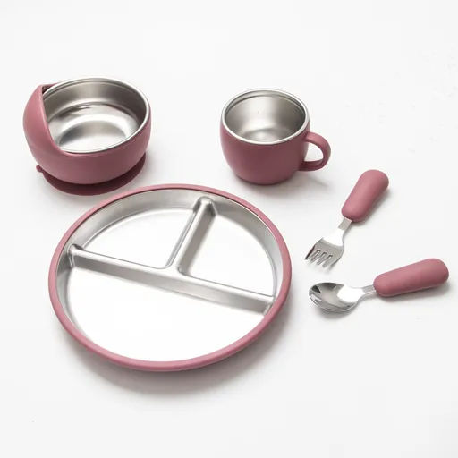 5-Piece Set - Children's Plate - Baby Plate in Stainless Steel - BPA-Free - Non-Slip - Unbreakable - Removable - Suitable for Children 1-3 Years Old - Includes Plate, Bowl, Cup, Fork, Spoon - Pink