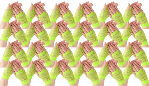 24 Pair Fishnet Gloves Fingerless Wrist Length 70s80s Costume Party Fluro Yellow
