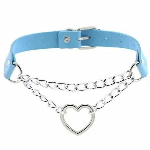 House Of Dasein Bdsm Day Collar Heart Pendant Choker Silver Chain Necklace - Light Blue