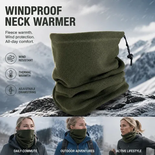 Thoughtful Ski & Cycling Gift Fleece Drawstring Neck Gaiter, Army Green, Windproof Thermal Neck Warmer