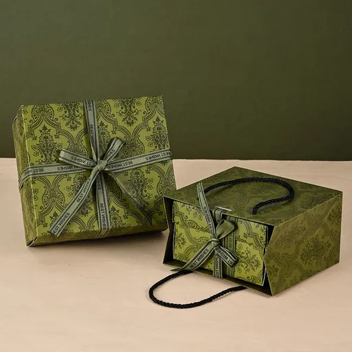 3 Piece Medium Size Green Gift Box Set with Gift Bag and Raffia Fill Premium Empty Present Packaging Box