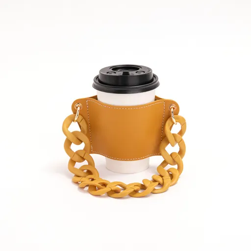 2 Pcs Yellow Detachable Chain Coffee Cup Sleeve - PU Leather Insulated Cup Holder with Handle, 16cm Top, 70g(Cup not included, only cup sleeve and chain)