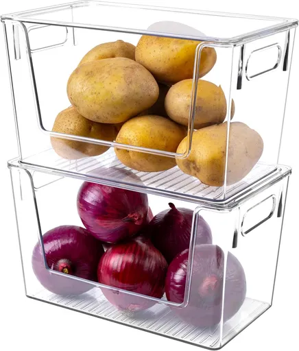 2 Pack Large Stackable Storage Bins, Plastic Container Organizer with Open ront, Pantry Organizers and Storage or Potato, Onion, ruit and Vegetable, Clear Kitchen Laundry Organizer with Lid
