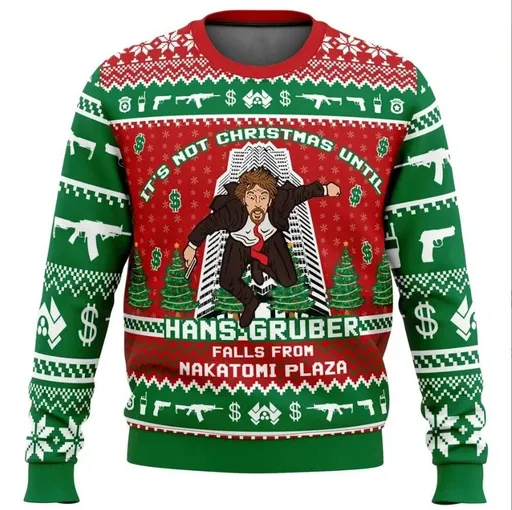 Men's Hans Gruber Nakatomi Plaza Ugly Christmas Sweatshirt, Long Sleeve Graphic Pullover for Holiday Parties and Winter Wear, Size L