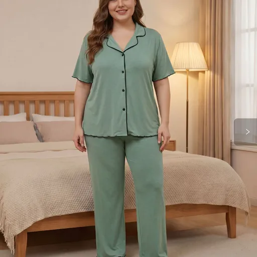 Green Size 2XL | Plus Size Green Loungewear Set | Christmas Refreshing Gift | Button Front Short Sleeve Relaxed Homewear Two-Piece