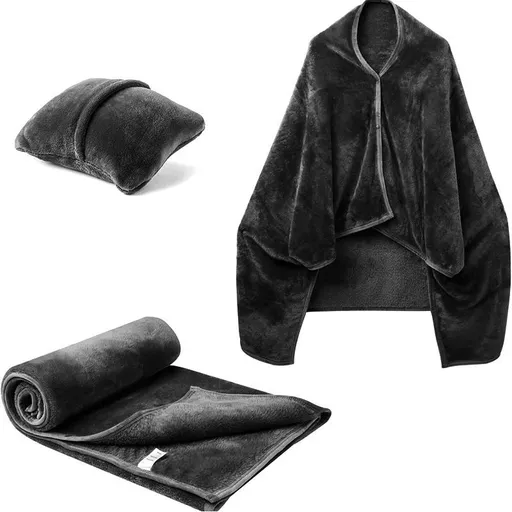 3-in-1 Portable Travel Blanket / Pillow / Wearable Shawl with Snap & Envelope Folding Design - 230GSM Soft Flannel Thickened Nap Blanket for Airplane Office Home, Space Saving & Machine Washable, Black 40 x 60 inch