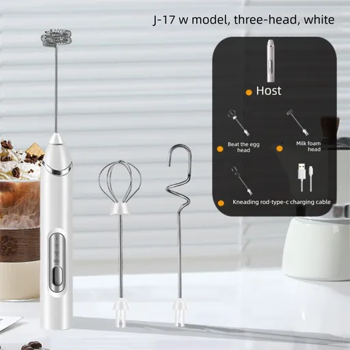 Rechargeable 3-in-1 Handheld Milk Frother Set - Electric Whisk with Egg Beater & Mixing Hook - 3 Speed Adjustable Foam Maker for Coffee, Lattes, Baking & Baby Food (White)