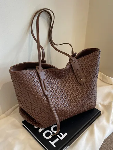Brown Chic Woven PU Leather Tote Bag - Large Capacity Casual Shoulder & Handbag for Women