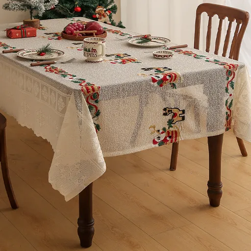 Embroidered Christmas Tablecloth - Embroidered Santa Claus, Reindeer (140*200cm)