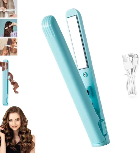 Mini 2-in-1 Curling Iron & Straightener - Dual Function - Portable Travel Curler - Small Hair Straightener - New Mini Curler - USB Interface, Plug-and-Play - Travel Curler and Straightener for All Hair Types - Travel Size - Blue