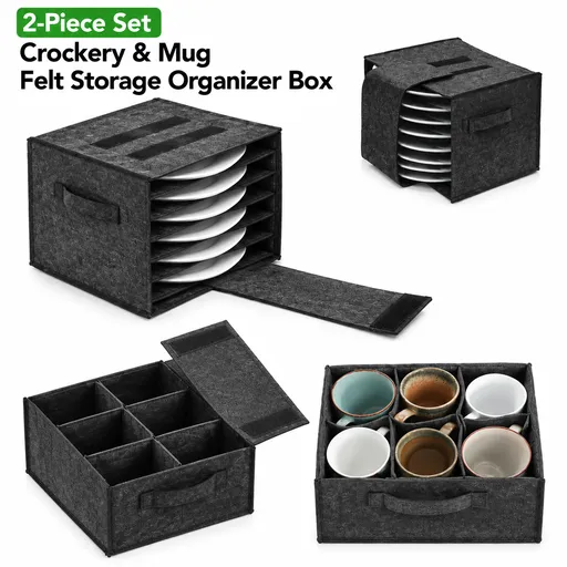 2 Piece Set of Dark Grey Foldable Crockery & Mug Storage Organizer (Holds 8 Plates + 6 Mugs) - Felt Camping & Picnic Dinnerware Storage Box with Handle and Secure Closure