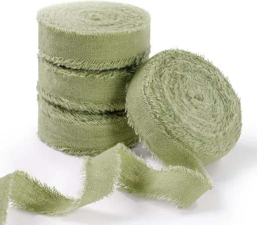 Natural Rustic Cotton Ribbon with Frayed Edge, Sage Green 100% Cotton Ribbon 5/8"x 24yds for Vintage Wedding Bouquets,Invitations,Baby Shower,Gift Wrapping,DIY Crafts,Home Decor