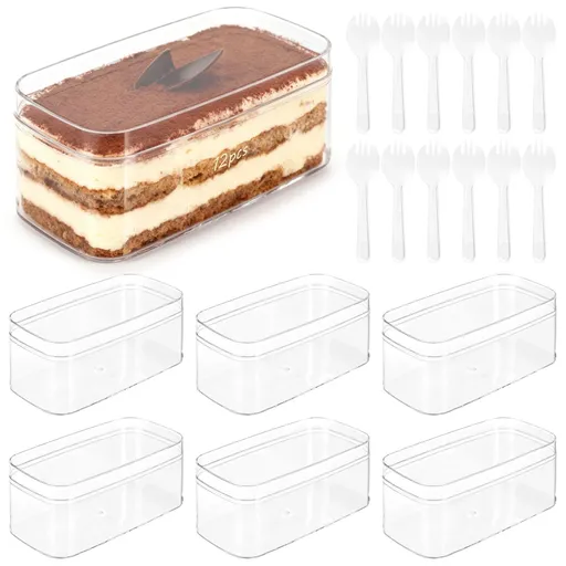 12PCS Clear Plastic Dessert Cups, Rectangle Cake Boxes with Lids & Sporks, Disposable & Reusable Dessert Containers, Square Serving Bowls for Tiramisu, Mousse, Pudding