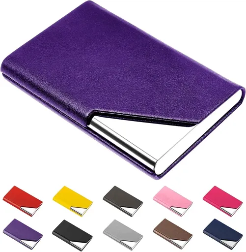 Business Card Holder, Leather and Metal Slim RFID Blocking Card Case with Magnetic Closure for Men and Women, Purple