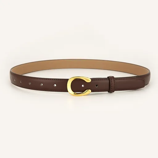 Womens Genuine Leather Belt Coffee C-Shape Gold Buckle Waist Strap for Jeans & Dresses Classic Fashion Accessory