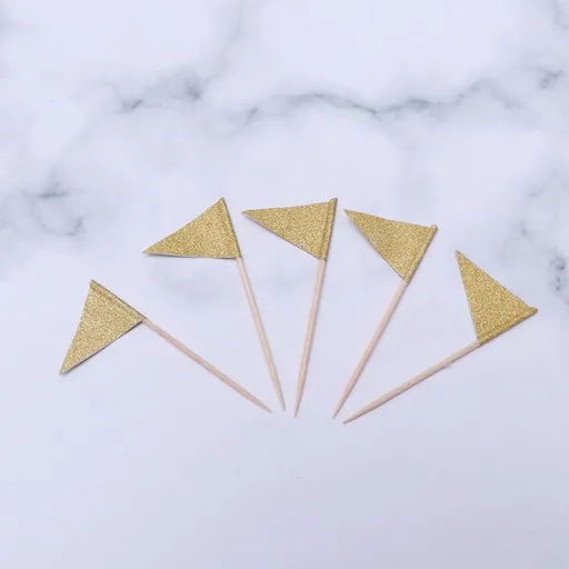 15PCS Golden Wooden Cupcake Flag Toppers for Party Decoration Supplies