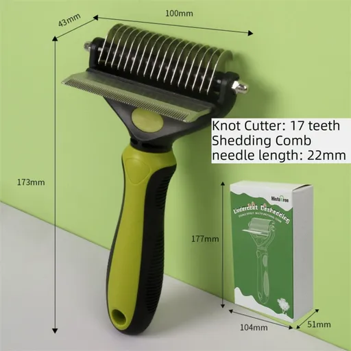2-in-1 Green Pet Knot Cutter Built in Shedding Comb for Dogs & Cats - Undercoat Grooming Rake with Non-Slip TPR Handle, Perfect Long Fur Remove Tangles Mats Knots
