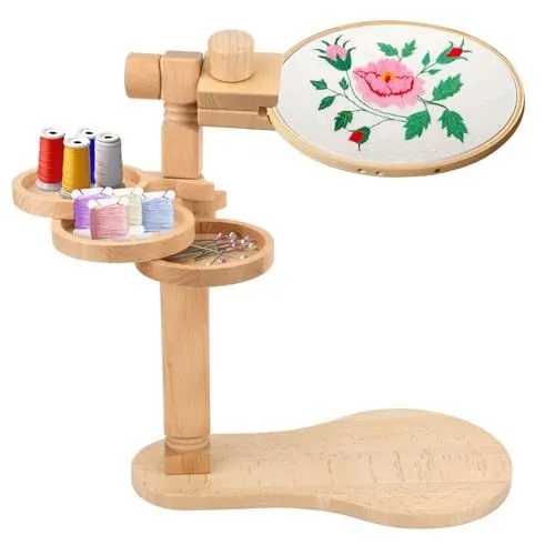 Embroidery Hoop Stand – Rotating Wooden Cross Stitch Stand, Adjustable, with 15cm & 20cm Hoops, for Embroidery, Sewing & Needlework - Wood - Size Embroidery Stand