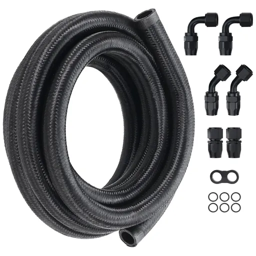 10AN Fuel Line Kit, 3.05 m Fuel Hose Kit, 1.4 cm Nylon Stainless Steel Braided Fuel Line Oil/Gas/Diesel Hose End Fitting Kit, with 7 PCS Swivel Fitting Adapter Kit, Black