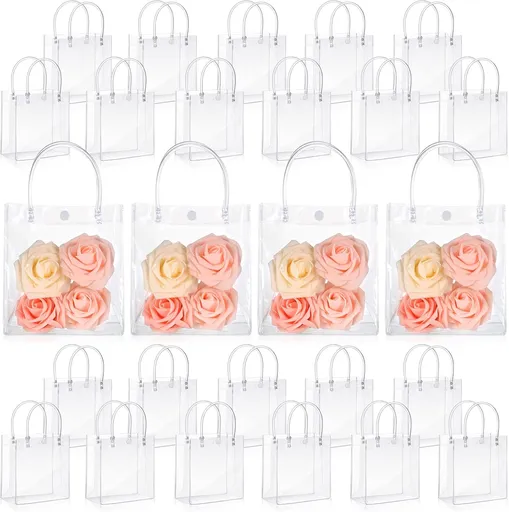 50pcs Clear Plastic Gift Bags with Handles PVC Reusable Transparent Totes Bags for Goodie Candy School Birthday Party(5.9 x 6.3 x 2.8 Inch)