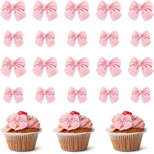 20 Pack Bow Cupcake Decorations, Bow Cake Topper Supplies, Bow Cupcake Toppers, Bow Cake Decor Bows for Cake Decorating for Theme Parties, Pink