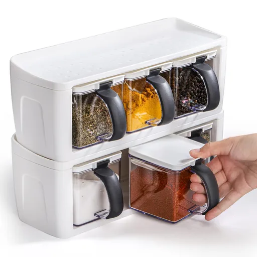 2 Pack 3 Grids Seasoning Box with Handle and Spoon, Clear Kitchen Salt Pepper Sugar Storage Container, Stackable Condiment