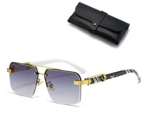 Square Rimless Diamond Cut Sunglasses with Black PU Leather Storage Case - Gold Frame Marble Grey Sunscreen Glasses for Men & Women