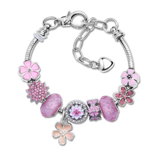 Beaded Bracelet Pink Rhinestone Glass Enamel with Magnolia Pendant 20cm