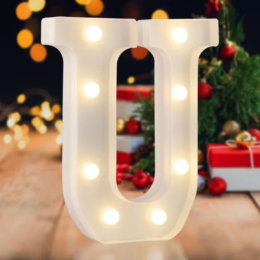 Sign letter U, warm white, 26 letters, 10 numbers, heart and & symbol; for birthday, party, Christmas, home, bar, wedding decoration; DIY word combinations; wall & tabletop display; battery operated.
