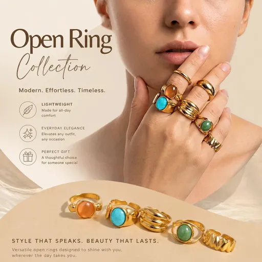 Handy Mixed Stone Lava Floral Ring Stack, Lightweight Multi-Slot Stackable Jewellery For Daily Wear, Light Gold, 7 Pack