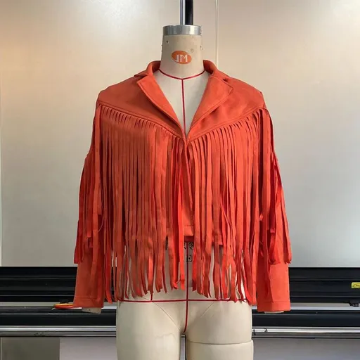 Women Suede Jacket Lapel Tassel Short SU2674 Orange Size: S; Height (cm): 155-160; Weight (kg): 45-50; Bust (cm): 82-86; Waist (cm): 66-70; Shoulder width (cm): 37; Length (cm): 58